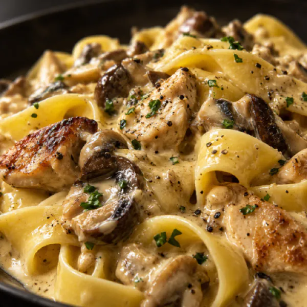 Tagliatelle mit Hähnchen und Pilzen in Rahmsauce